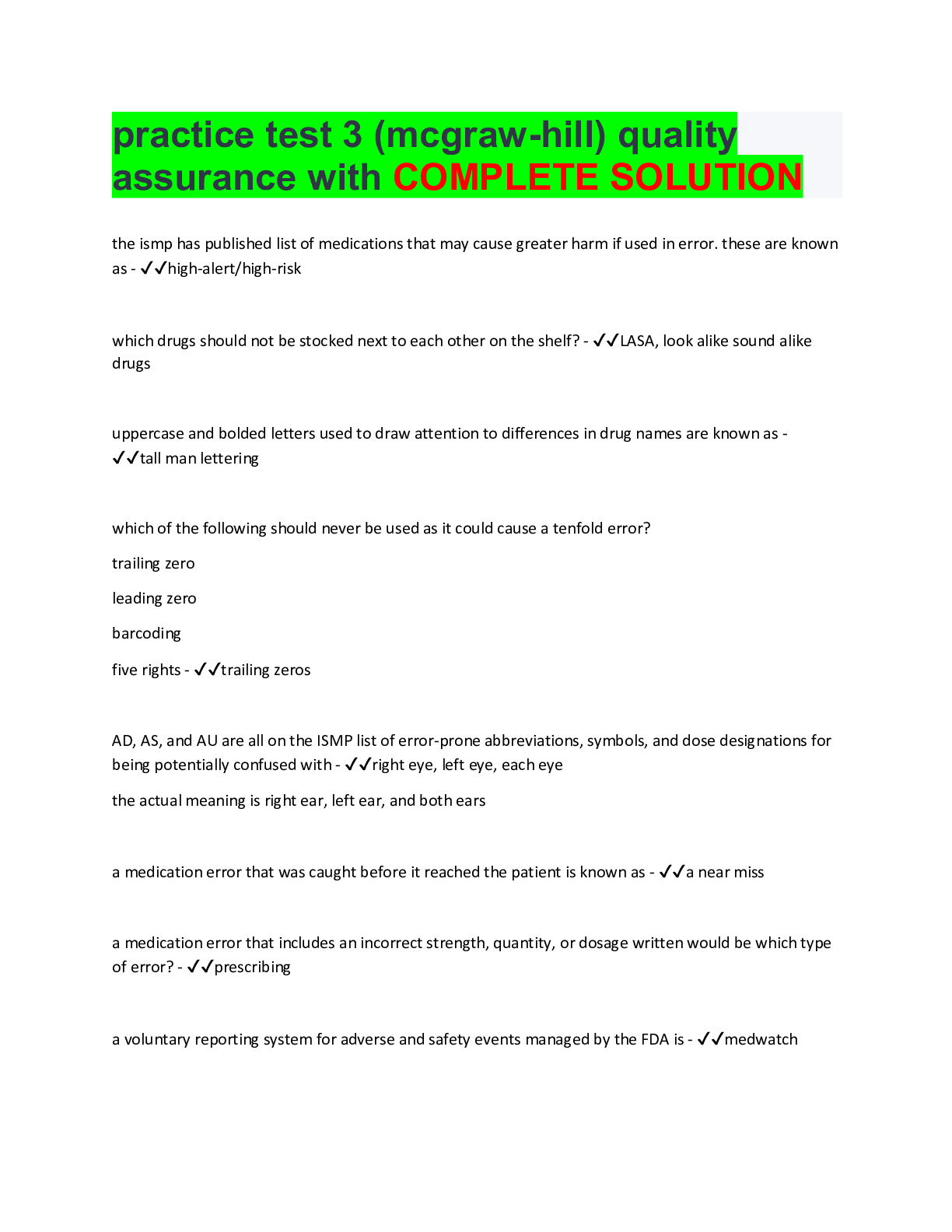 Preview image of practice test 3 (mcgraw-hill) quality assurance with COMPLETE SOLUTION document